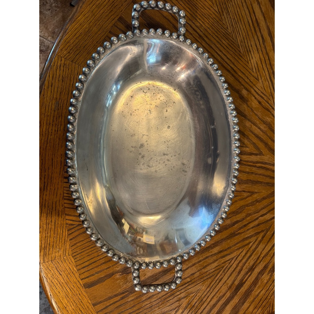 Silver Beaded Rim Oval Aluminum Serving Tray with Handles 18.5 Inch Platter